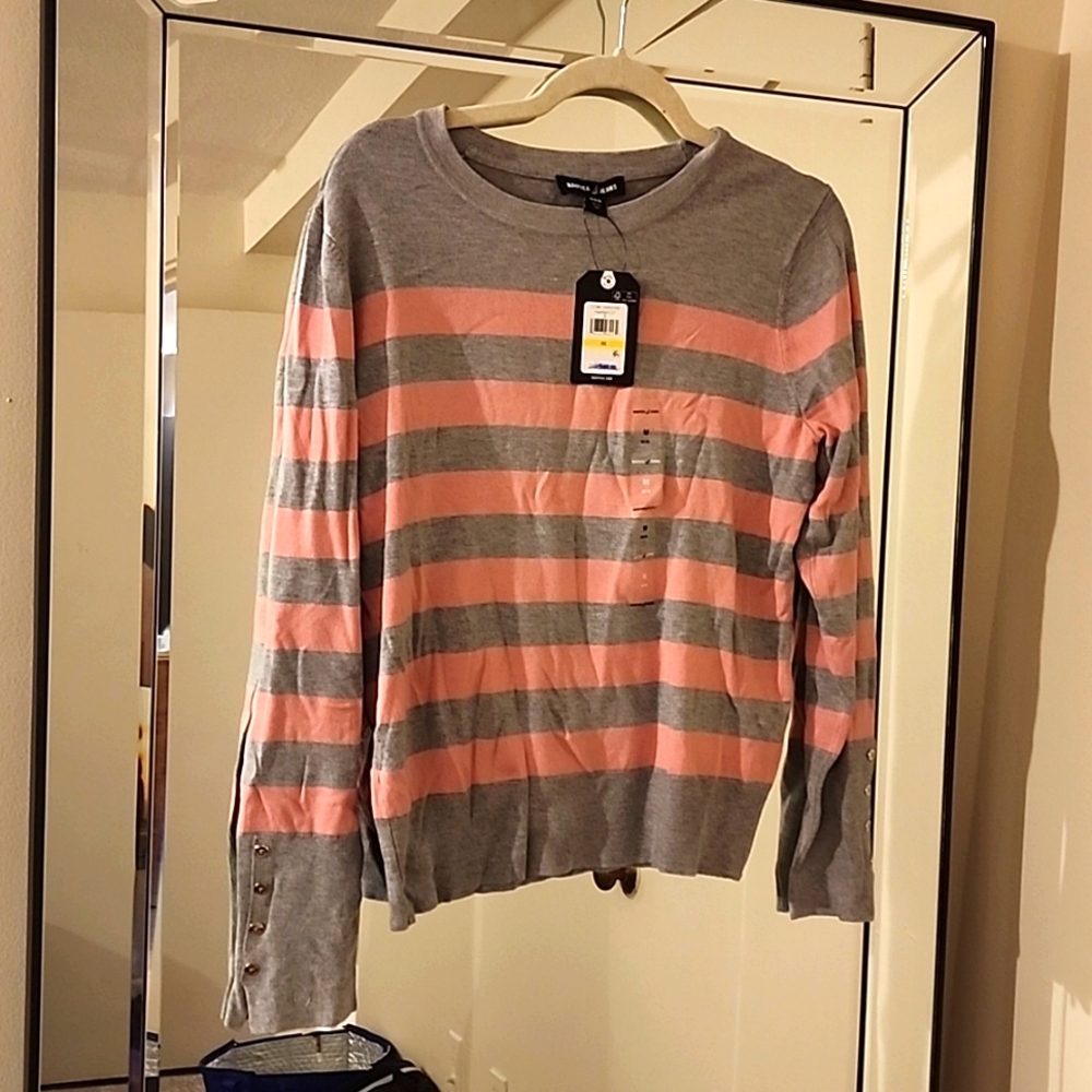 Nautica Womens Pink Grey Striped Sweater M